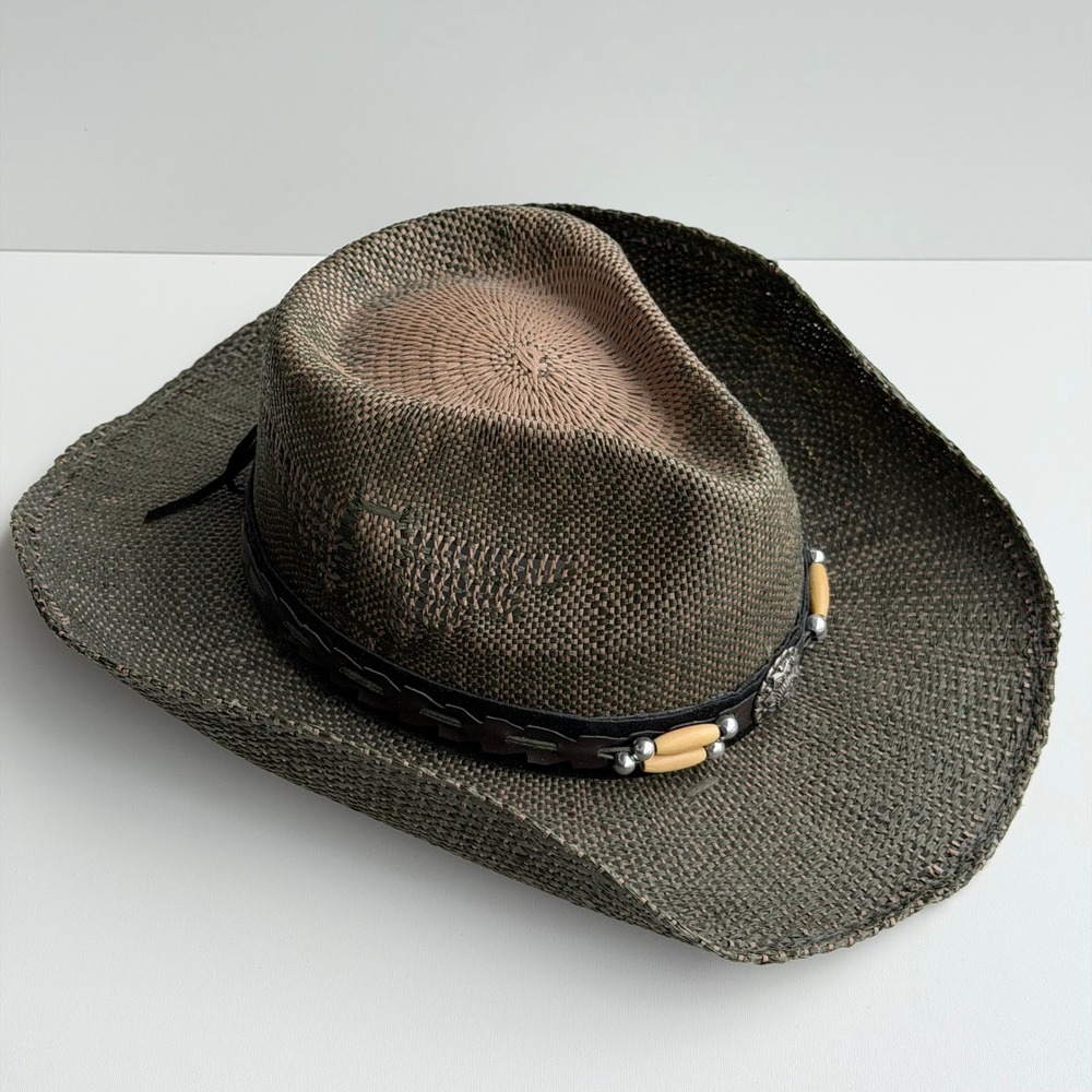 Twister Straw Cowboy Hat Medium Olive Western Beaded Band Concho Rodeo Y2K